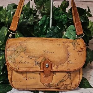 Alvero Martini Made in Italy Vintage Map Print Tan Shoulder Bag